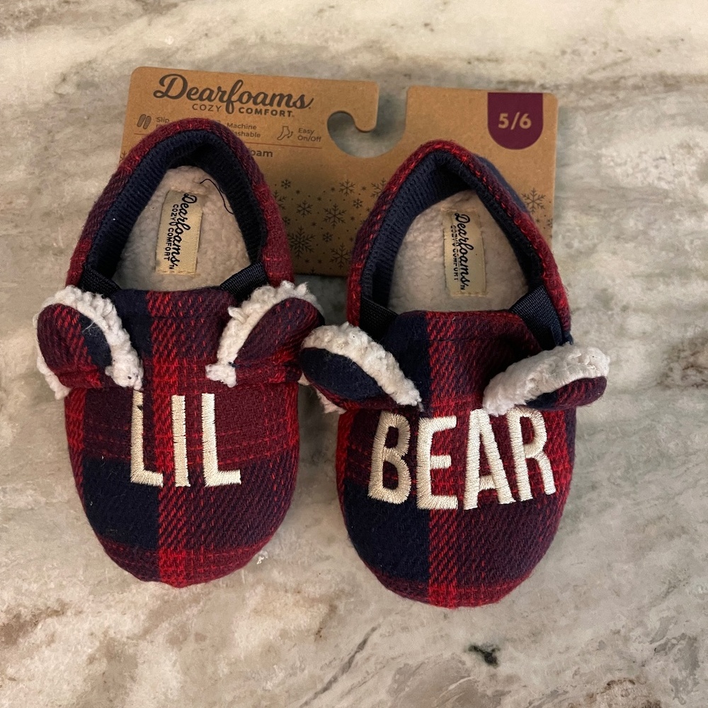 Dearfoams Kid's Buffalo Plaid Lil Bear  Slippers